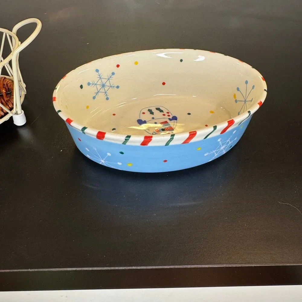 Temp-tations Oval Baker Dish Small Blue Snowman Holiday Christmas Wire Rack